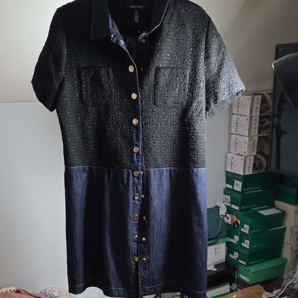 Ellen Tracy Black Tweed & Navy Denim Button-Front Dress